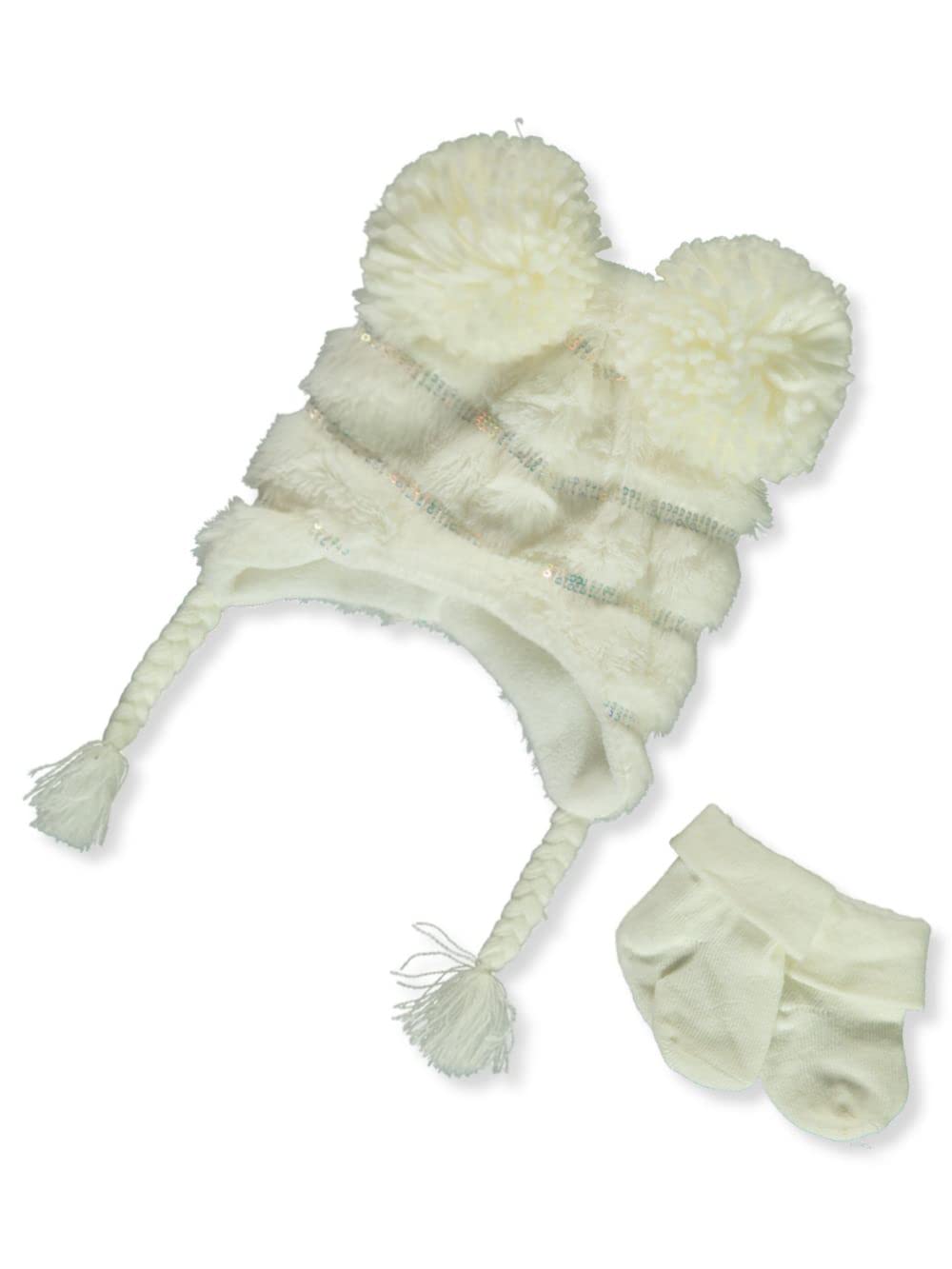 Laura AshleyGirls' Plush Sequin Hat With Mittens Set, Ivory, 0 - 6 Months