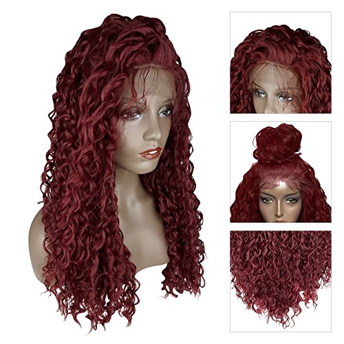 SKM 26" Long Curly Wig Fluffy Lace Front Wig Synthetic Wavy Hair Wig Cap for Black Women Costume (Wine Red)