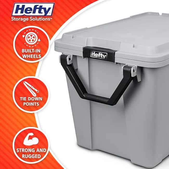 Hefty MAX Pro 28 Gal Wheeled Storage Containers with Lids, 4 Pack Heavy-Duty Plastic Rolling Totes with Secure Latch Handles, Stackable Utility Cartons for Garage, Moving, Storage, Basement & Outdoor