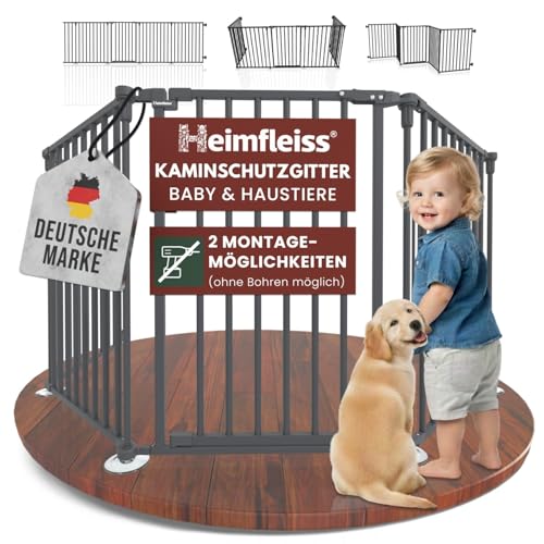 Heimfleiss® Kaminschutzgitter Baby mit Sicherheitsverschluss | Ofenschutzgitter für Kinder & Hunde | Ofengitter Kinderschutz aus Stahl | Universal nutzbar als Kamin-, Tür- & Treppenschutzgitter (Grau)