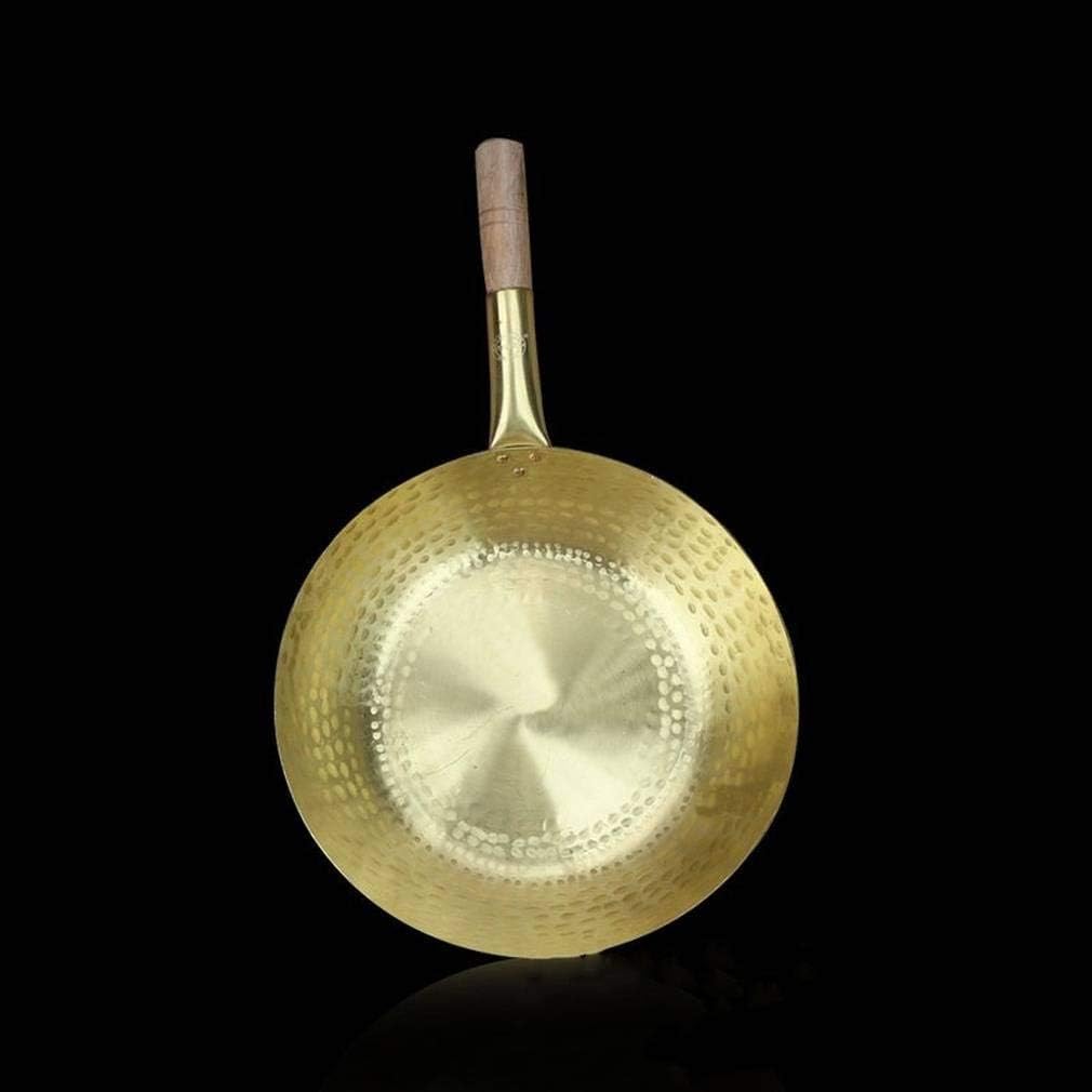 Picnic Bag Pure Copper Flat Bottom Wok Frying pan Brass Wooden Handle Healthy uncoated Copper Tripod Made of Pure Brass Pot pan,37cm,34cm