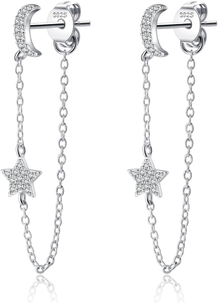 Reffeer Solid 925 Sterling Silver Moon Chain Dangle Earrings for Women Teen Girls CZ Star Chain Drop Earrings