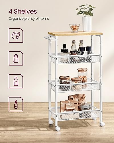 Image of VASAGLE Slim Rolling Cart, 4-Tier Storage Cart, Narrow Cart with Handle, 8.7 Inches Deep, Metal Frame, for Kitchen, Dining Room, Living Room, Home Office, Oak Beige and Classic White ULRC033W09
