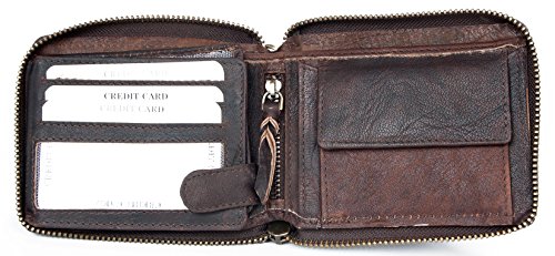 FLW Large Natural Strong Dark Brown Genuine Leather with Metal Zipper Around with Chain - Image 4