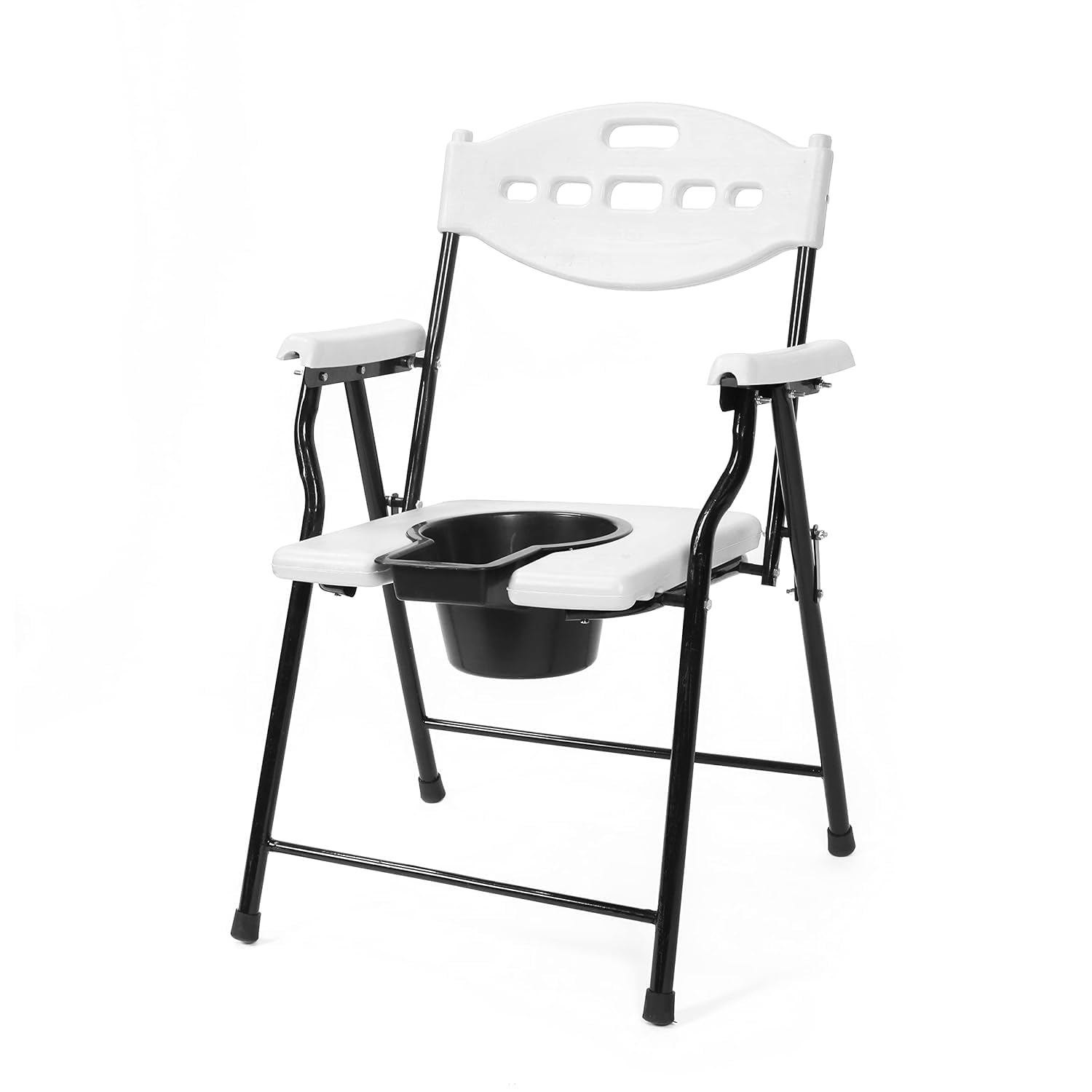 Folding Elderly Disabled Man And Pregnant Woman Stainless Steel Shower&Bathing Room Mobile Commode Chair With Toilet Seat Comfortable Safe Toliet Stool Anti-Skid(White)(100Kg Weight Capacity)-image-22