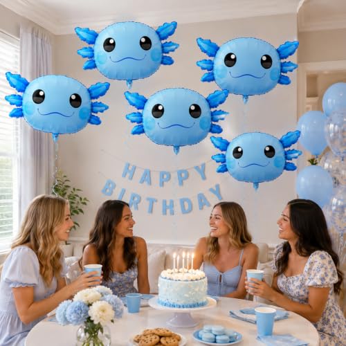 Image of 6 Pcs 34 Inch Axolotl Balloon Axolotl Birthday Party Decorations Aluminum Foil Inflatable Summer Supplies for Beach Themed Favor (Blue)