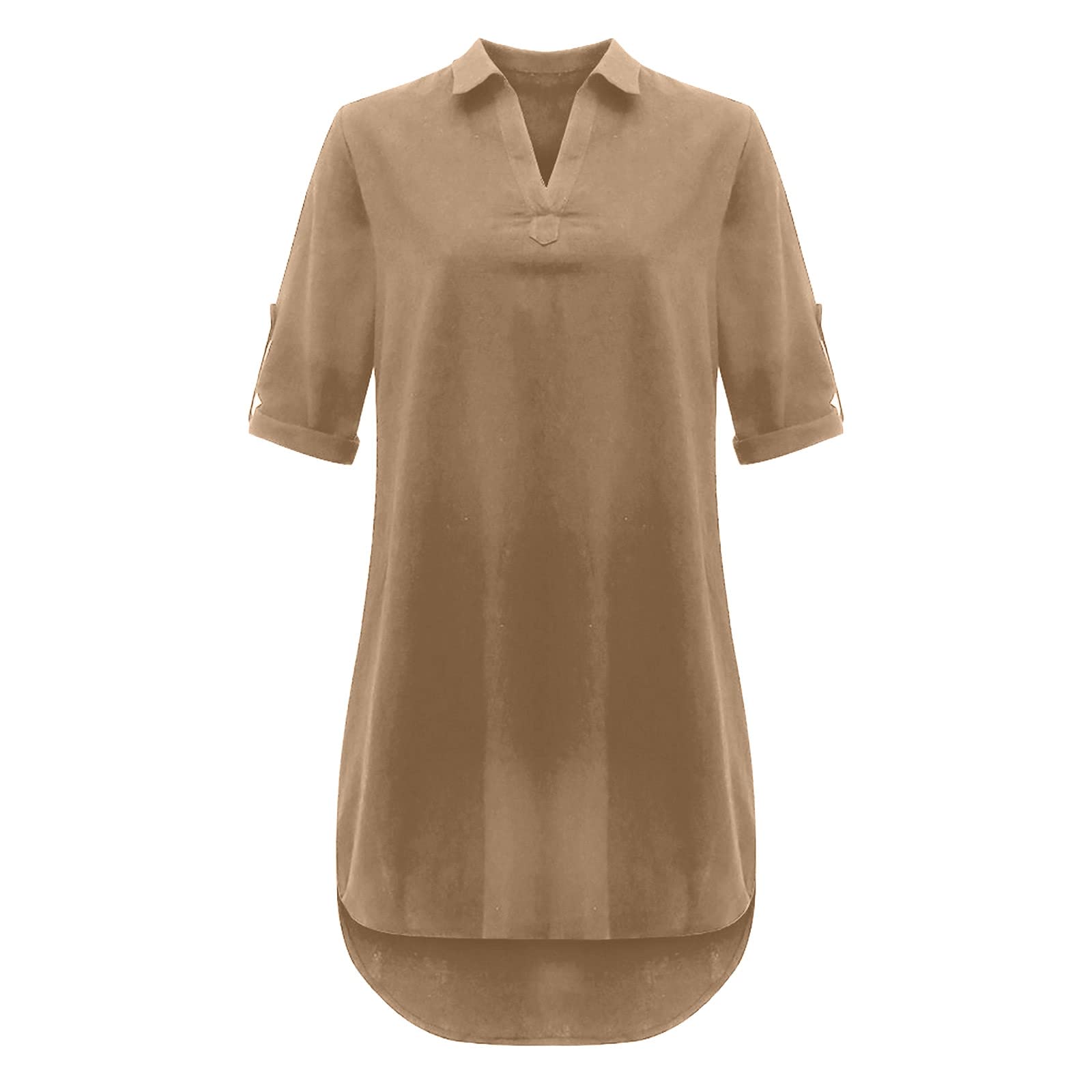 Leinenkleid Damen Sommer Sommerkleid Knielang Tshirt Kleid Große Größen Blusenkleid mit Knöpfen V-Ausschnitt Revers Baumwolle Leinen Einfarbige Vintage Kleider Hemdkleid Shirtkleid für Frauen