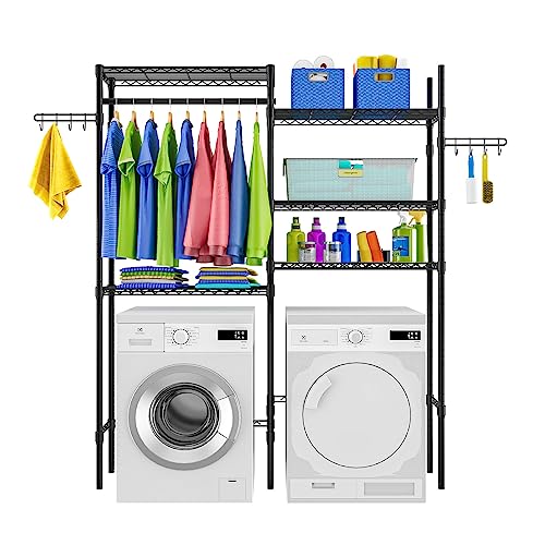 Uptyia Estante de Almacenamiento para Lavadora y Secadora, Estante de Secado lavandería, 4 Niveles de Altura Ajustable Estante de Ahorro de Espacio de baño con 2 Ganchos, L162 x D34 x H197cm, Negro