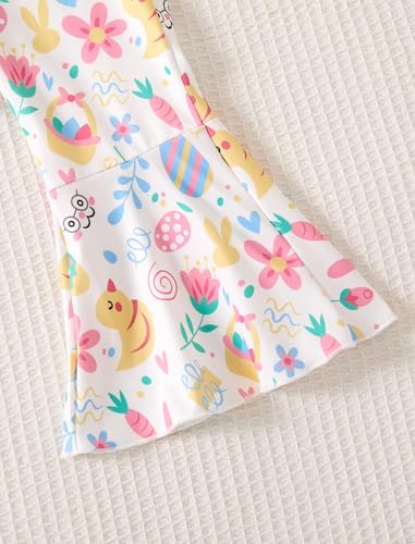 Image of Easter Outfit Toddler Girl Bunny Print Short Sleeve Tee Shirt Cute Flare Pants Easter Outfits for Girls 2-6T