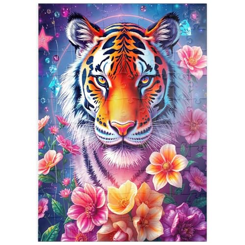 MyPuzzle Tigre Cósmico Viviente con Flores Y Piedras Preciosas -