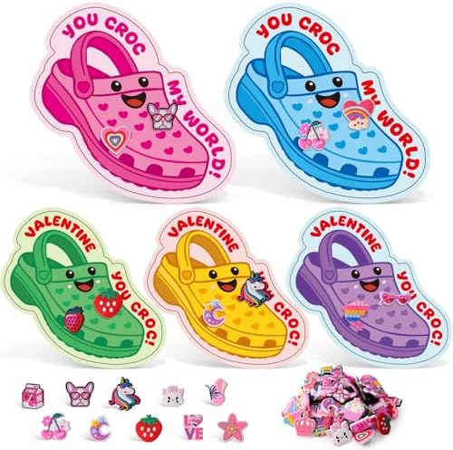 Valentines Day Cards for Kids School - Valentines Day Gifts for Kids - 30 Pcs Valentine Cards with 60 Shoe Charms - Cute Valentine Gifts for Classroom Exchange Boys Girls Toddlers Party Favors