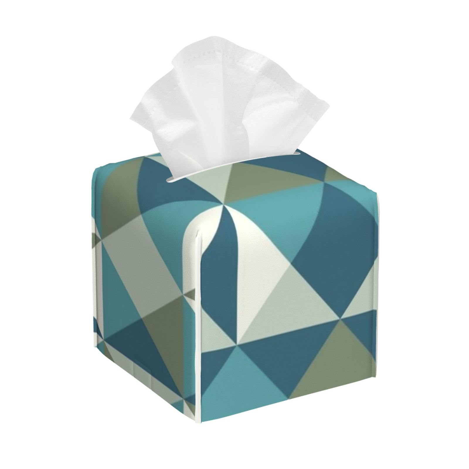 Green Blue Triangles Geometric Pattern Tissue Box Cover 5" Square Leather Tissue Holder Facial Tissue Case for Tabletop Bedroom Bathroom Desk Decor