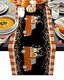13 x 90 inches Table Runner Cotton-Polyester Blend, Fall Truck Gnome Pumpkin Orange Plaid Black Tabl
