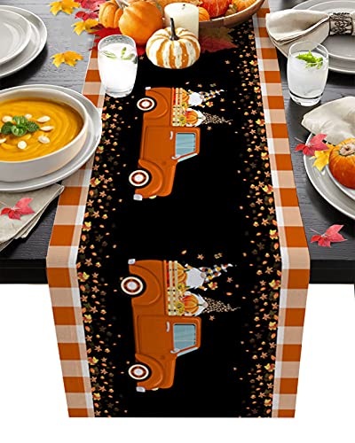 13 X 90 Inches Table Runner Cotton-Polyester Blend, Fall Truck Gnome Pumpkin Orange Plaid Black Table Runner For Table Decorations, Indoor Outdoor Parties, Farmhouse & Family Gathering, 1 Pack #TOP11
