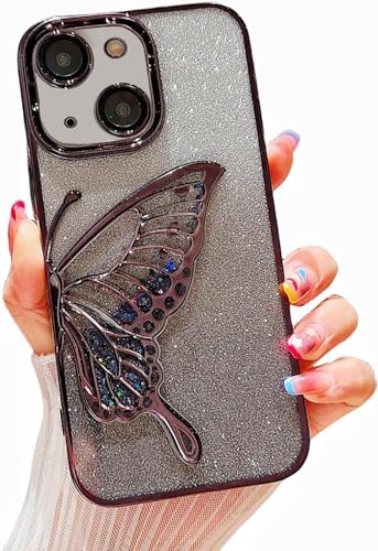 Image of mobistyle Designed for iPhone 14 Plus Cover with Glitter Cute Butterfly Electroplating Design Back Cover Case for Women Teen Girls (Black)