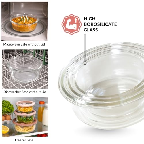 Image of Nestasia Vento Glass Containers with Lid Set of 3 (400ml, 620ml, 950ml) - Round Containers with Air Vent Lid for Kitchen Storage | Microwave, Dishwasher & Refrigerator Safe (Beige Ombre)