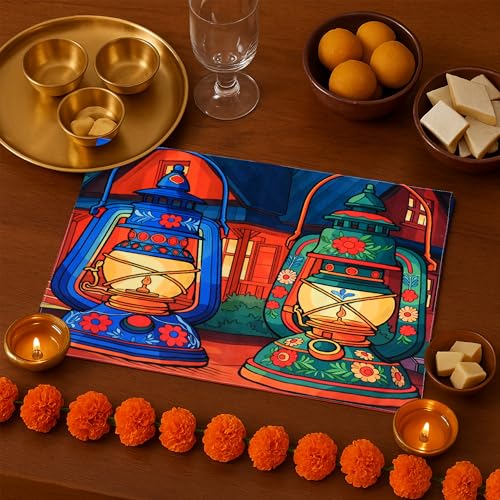 Image of Dining Table Mats Set of 6 - Lamp Diwali Theme,Digital Print, Washable, Indoor /Outdoor, Heat-Proof, Water Resistant, Wipe & Clean (47X33 cm) Green & Blue