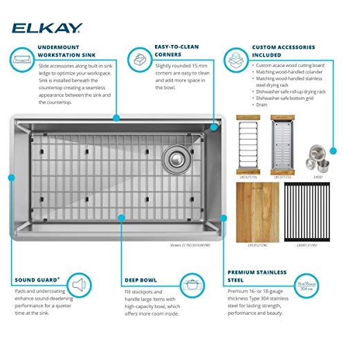 Image of Elkay Crosstown 18 Gauge Workstation Stainless Steel 25-1 /2 inch x 18-1 /2 inch x 9 inch Single Bowl Undermount Sink Kit