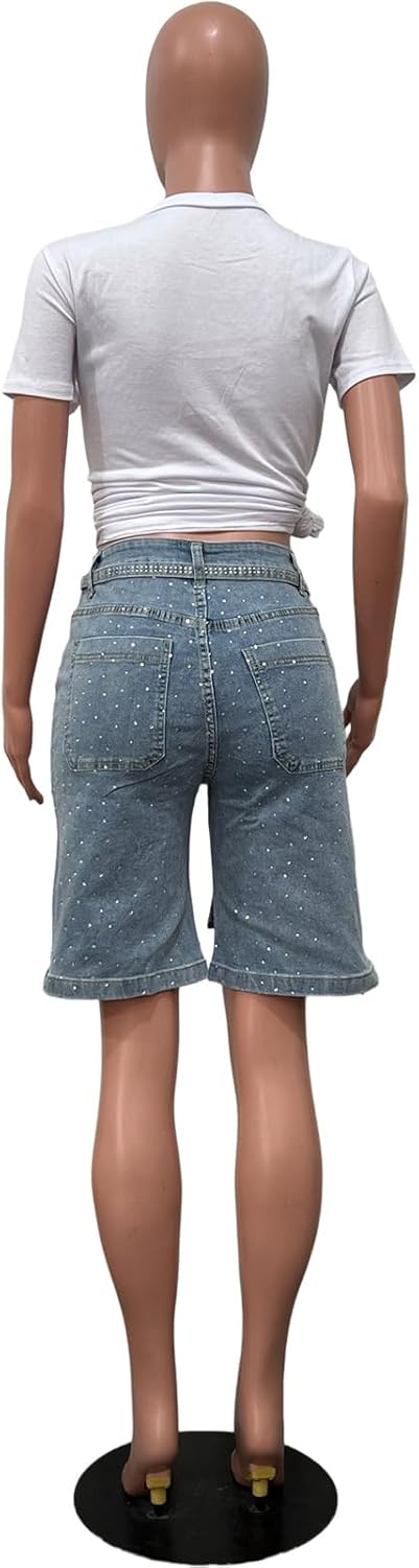 Molisry Women's Wide Leg Jean Shorts Y2K High Waisted Pearl Rhinestone Baggy Bermuda Denim Shorts 2025
