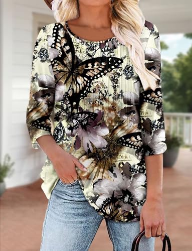 KISSMODA Tunic Tops for Women Loose Fit Dressy Round Neck Pleated 3/4 Length Sleeve Spring Tops