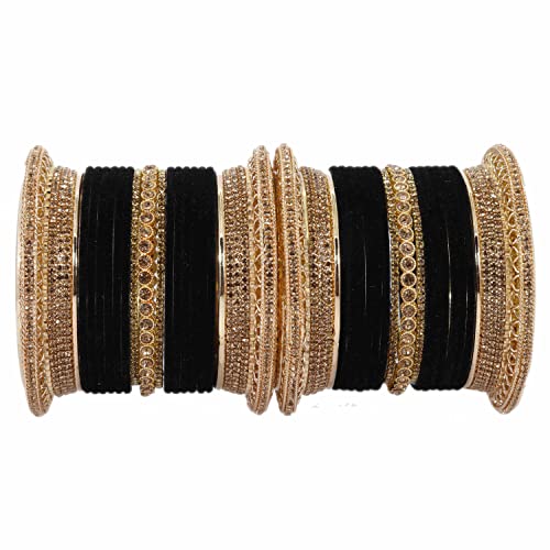 Image of NMII Non-Precious Metal with Base Metal and Studded with Zircon Gemstone Glossy Finished Traditional Velvet Bangle Chuda set for Women and Girls