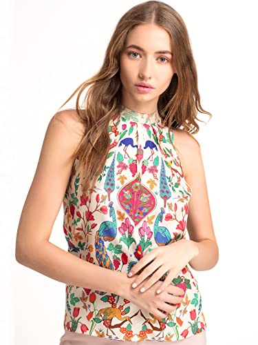 Image of SHAYE Cream Party Sleeveless Halter Neck Floral Printed Satin Top for Women