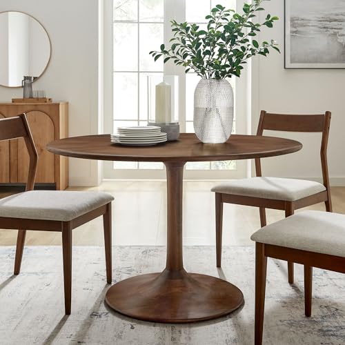 Image of Modway Lippa 48 Inch Round Wood Dining Table in Walnut - Solid Mango Wood Tabletop with Pedestal Base - Mid Century Modern Dining Room Furniture - Kitchen Table for 4-6 Person
