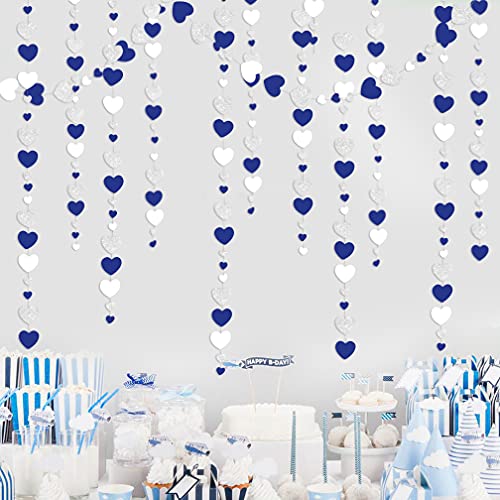 Image of 52 Ft Valentines Day Party Decorations Navy Blue Silver Heart Garlands Silver Royal Blue Hanging Streamer Banners for Anniversary Bachelorette Engagement Wedding Bridal Shower Birthday Party Supplies