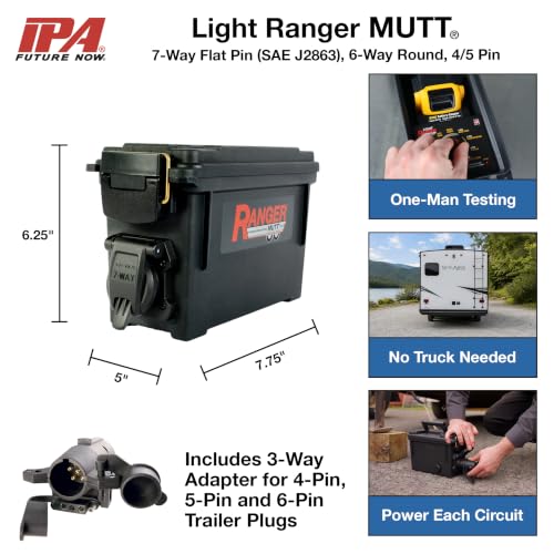 Image of Innovative Products of America Light Ranger MUTT: USA Made Universal Portable & Water-Resistant Trailer Light Tester for 7-Way Spade (J2863) with Adapter (Compatible with DeWalt 20V Batteries)