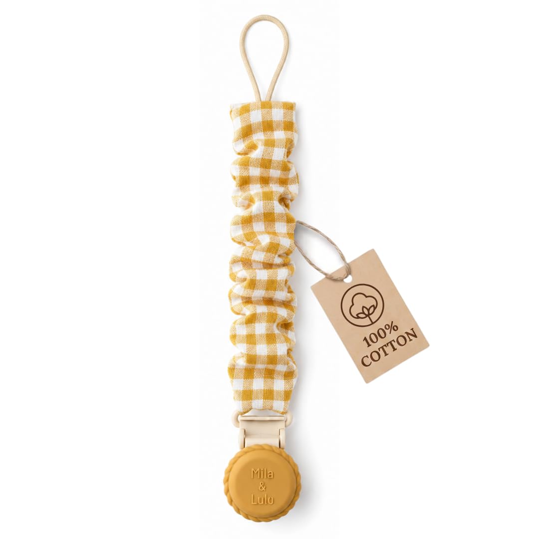 Muslin Cotton Pacifier Clips - Metal-Free, Lightweight and Secure Pacifier Holder for Babies (Sun Éclat) - Mila & Lulu