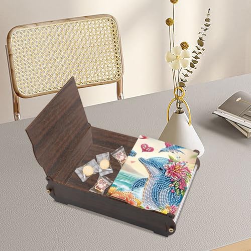 Image of Diamond Painting Kit Wooden Storage Box, Dolphin DIY Special Shaped Diamond Flip Cover Wooden Money Box, Handmade Art Desktop Decorations Birthday Gifts for Friends