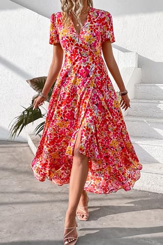 Image of PRETTYGARDEN Women's Summer Wrap Maxi Dress Casual Boho Floral V Neck Short Sleeve Ruffle Hem Split Beach Long Dresses