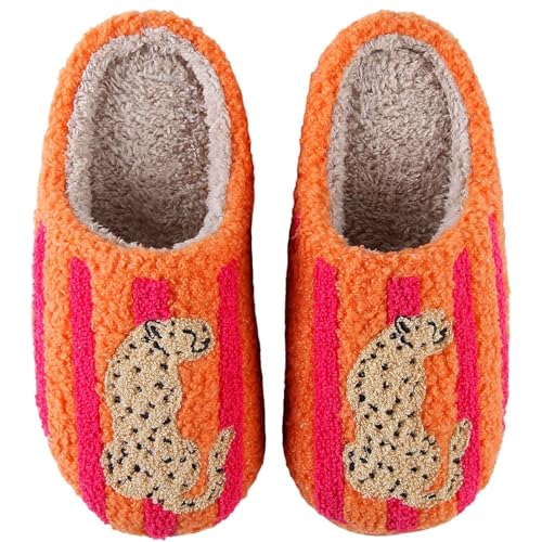 Leopard Slippers Cheetah Slippers For Women Men Animal Leopard Cheetah Print House Shoes Fuzzy Funny Womens Leopard Slipper With Striped Orange and Pink Plush Memory Foam Indoor Shoes Jaguar 41-42
