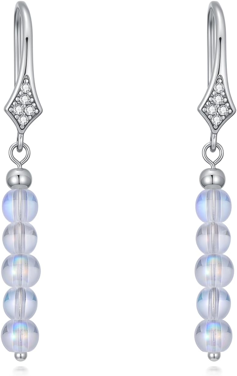 925 Sterling Silver Diamond Moonstone Earrings, Bead Moonstone Dangle Drop Earrings for Women, Diamond Jewelry Gift for Valentine's Day Birthday Anniversary