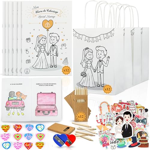Francese – Set da 12 Kit Regalo Matrimonio per Bambini con Libri da Colorare e Attività, Sacchetti Regalo, Matite – Gadget Matrimonio per Invitati e Giochi per Intrattenere i Bambini – Idee Originali