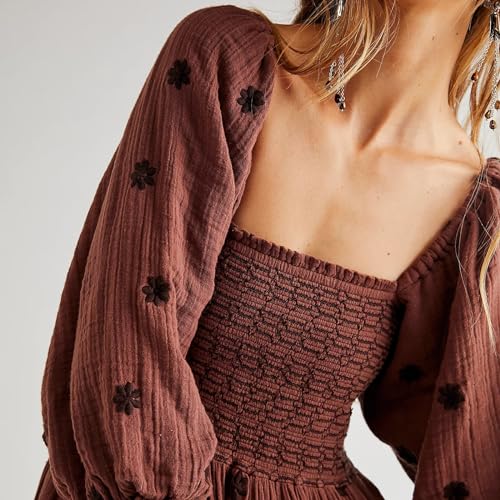 Chloefairy Fashion Women's 3D Floral Embroidered Maxi Dress Puff Sleeve Square Neck Tiered Flowy A-line Dress3