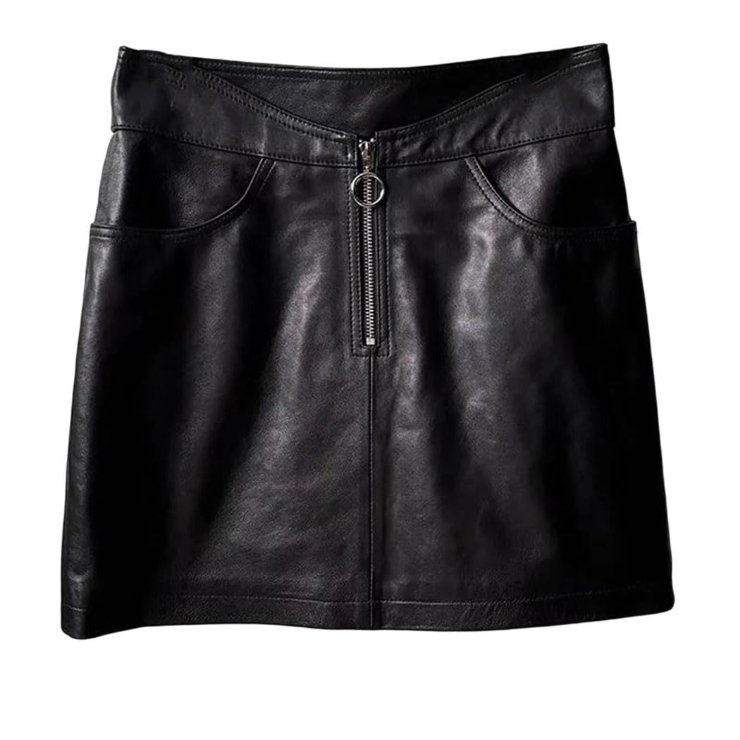 Women Real Leather Mini Skirt Sheepskin High Waist Front Zip Elegant Wrap Holiday Skirt