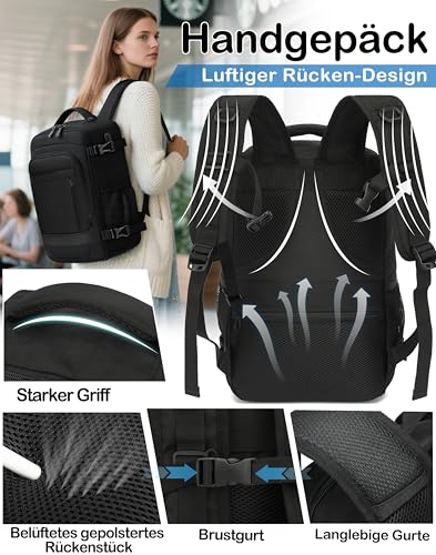 KLOSTAIN Handgepäck Rucksack 40x20x25 für Ryanair und Eurowings Rucksack Travel Backpack Bag Klein Reiserucksack Tasche für Flugzeug - Schulrucksack für Damen, Herren, Teenager, Schwarz 5