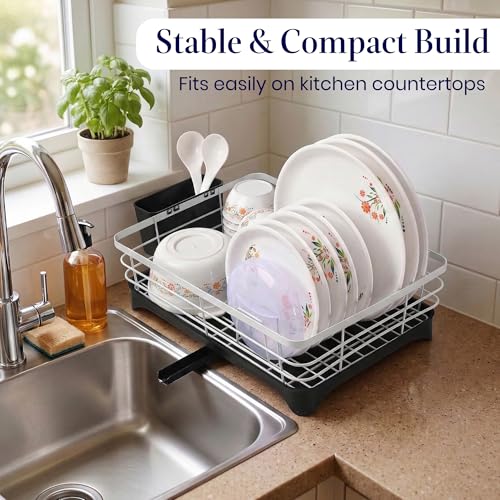 Image of Kuber Industries Stainless Steel Kitchen Drying Rack with Drain Tray & Cutlery Holder | Countertop Utensils Stand | Dish Rack for Kitchen | Bartan Stand | White