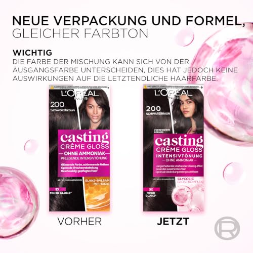 L'Oréal Paris Coloration ohne Ammoniak und Silikone, Pflegende Intensivtönung mit Glanz-Reflex-Balsam, Casting Crème Gloss Haarfarbe, Nr. 200 Schwarzbraun (Braun), 1 Stück