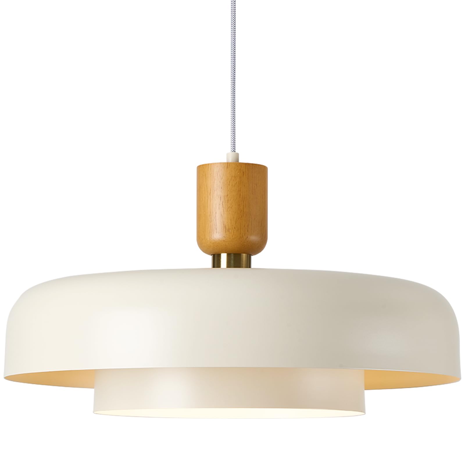 Modern Large Pendant Light 19.68 inch, 2 Tiers Soft Cream Shades, Natural Wood and Brass Accent, Mid Century Chandelier for Dining Room, Living Room