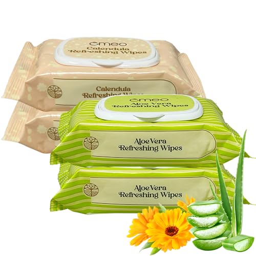 Image of Omeo Aloe Vera (Pack of 2) and Calendula (Pack of 2) Refreshing & Hydrating Wet Wipes, 25N in Each | Face Cleansing, Makeup Remover Wipes with Mint Oil & Vitamin E | Sulphate, Paraben & Alcohol Free - Women and Men