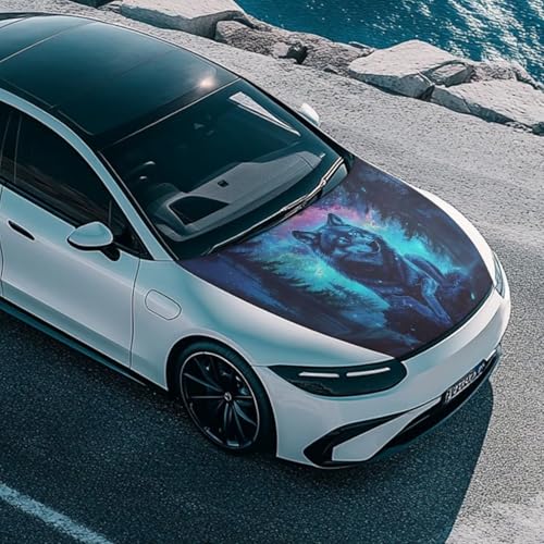 Image of Wolf Theme Car Hood Cover Protector for SUV Sedans Trucks, Elastic Polyester Waterproof Sun-Proof Auto Hood Flag Patriotic Decorative Car Accessories