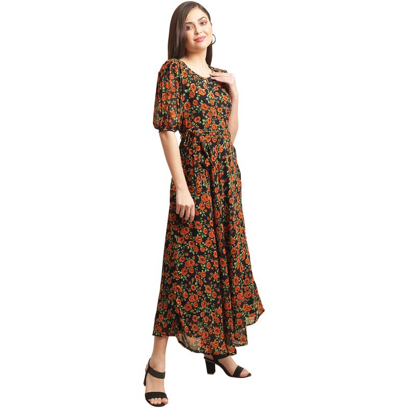 Preneum Women's Georgette A-Line Standard Length Dress (Maxi-A-33_Orange