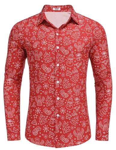 COOFANDY Hombres Camisa de Navidad de Manga Larga Camisa de Navidad de impresión Camisa de Navidad Divertido Funky Camisas Camisa de impresión Padre Navidad Navidad Rojo XXL