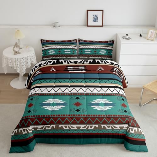 jejeloiu Boho Bedding Set King Size Kids Southwestern Native Aztec Comforter Cover for Boys Girls Teens Southwest Native American Design Duvet Cover Dark Teal Breathable Soft Lightweight Microfiber