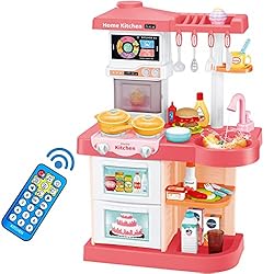 HCFJEH Kids Play Kitchen Toy Playset,Pink Kitchen Toy Set with Play Sink & Pretend Steam, Toddler Kitchen Accessories…