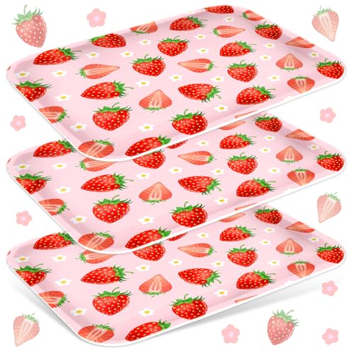 JarThenaAMCS 3Pcs Strawberry Serving Trays Red Pink Berry Flower Platter Cute Fruit Serving Dishes for Birthday Baby Shower Party Sharing Snacks Fruit Dessert Candy