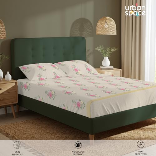 Image of Urban Space Serene 100% Cotton Bedsheet for Double Bed, Floral Queen Size Bed Sheet with 2 Pillow Covers (88 x 100 Inches, Vintage Rose Soft Brown)
