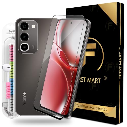 Image of FIRST MART Tempered Glass for Realme Narzo 100x, 9H 0.3 mm Full-Glue Screen Protector with Cable Protector, HD Clear, 3D Edge-to-Edge, Case-Friendly, Black, Pack of 1